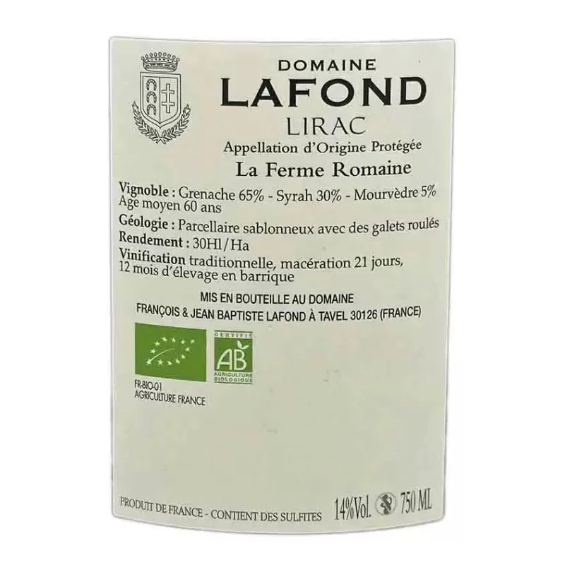 Découvrez cette appellation Lirac La Ferme Romaine Bio Domaine Lafond