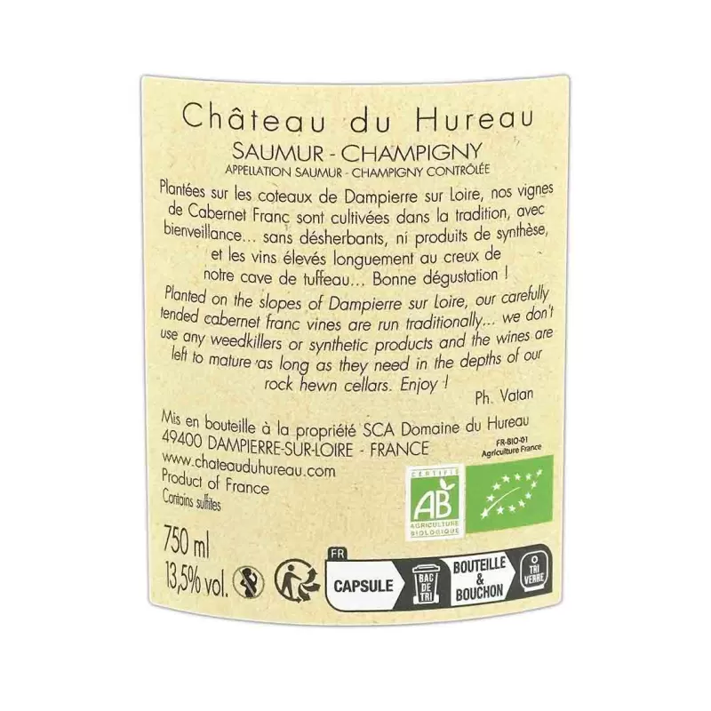 Appellation Saumur Champigny BIO Château du Hureau à prix mini