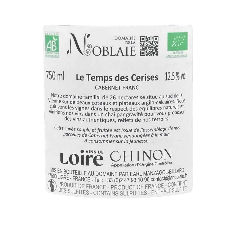 Chinon rouge Le Temps de cerise Domaine de la Noblaie à prix mini.