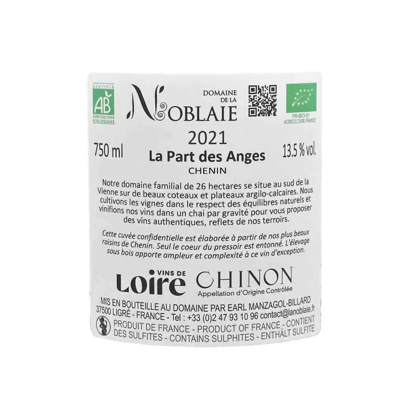 Chinon blanc La Part des Anges du Domaine de la Noblaie au meilleur prix.