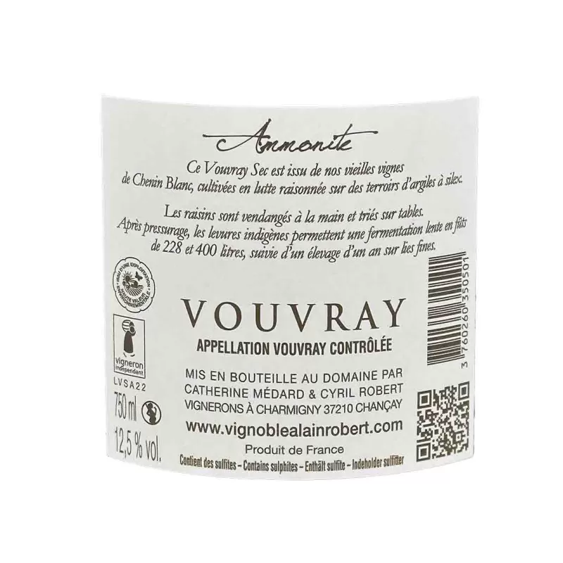 Vouvray blanc sec Ammonite Vignoble Alain Robert au meilleur prix.