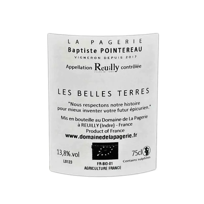 Reuilly blanc bio Les Belles Terres Domaine  de la Pagerie à prix mini