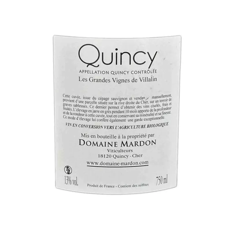 Quincy blanc Les Grandes Vignes de Villalin du Domaine Mardon livré.