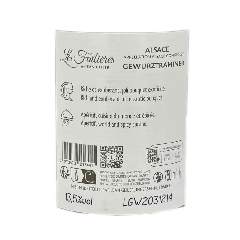 Gewurztraminer Les faitières par Jean Geiler : vin d'Alsace à prix mini