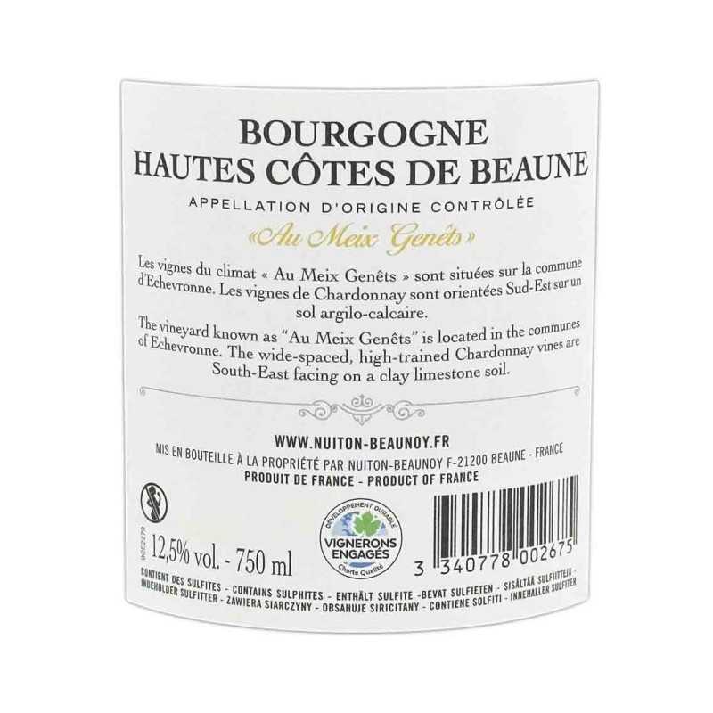 Vin Blanc Bourgogne Hautes Côtes de Beaune -Aux Meix Genêts -Nuiton Beaunoy 75cl